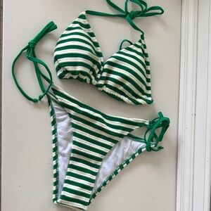 Green and White Striped Bikini Set
